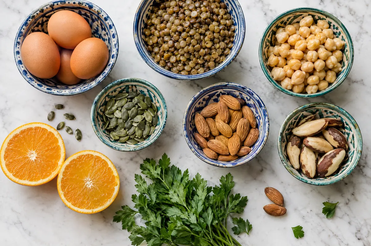 Aliments utiles en cas de chute de cheveux : œufs, lentilles, pois chiches, graines de courge, amandes, noix du Brésil et orange