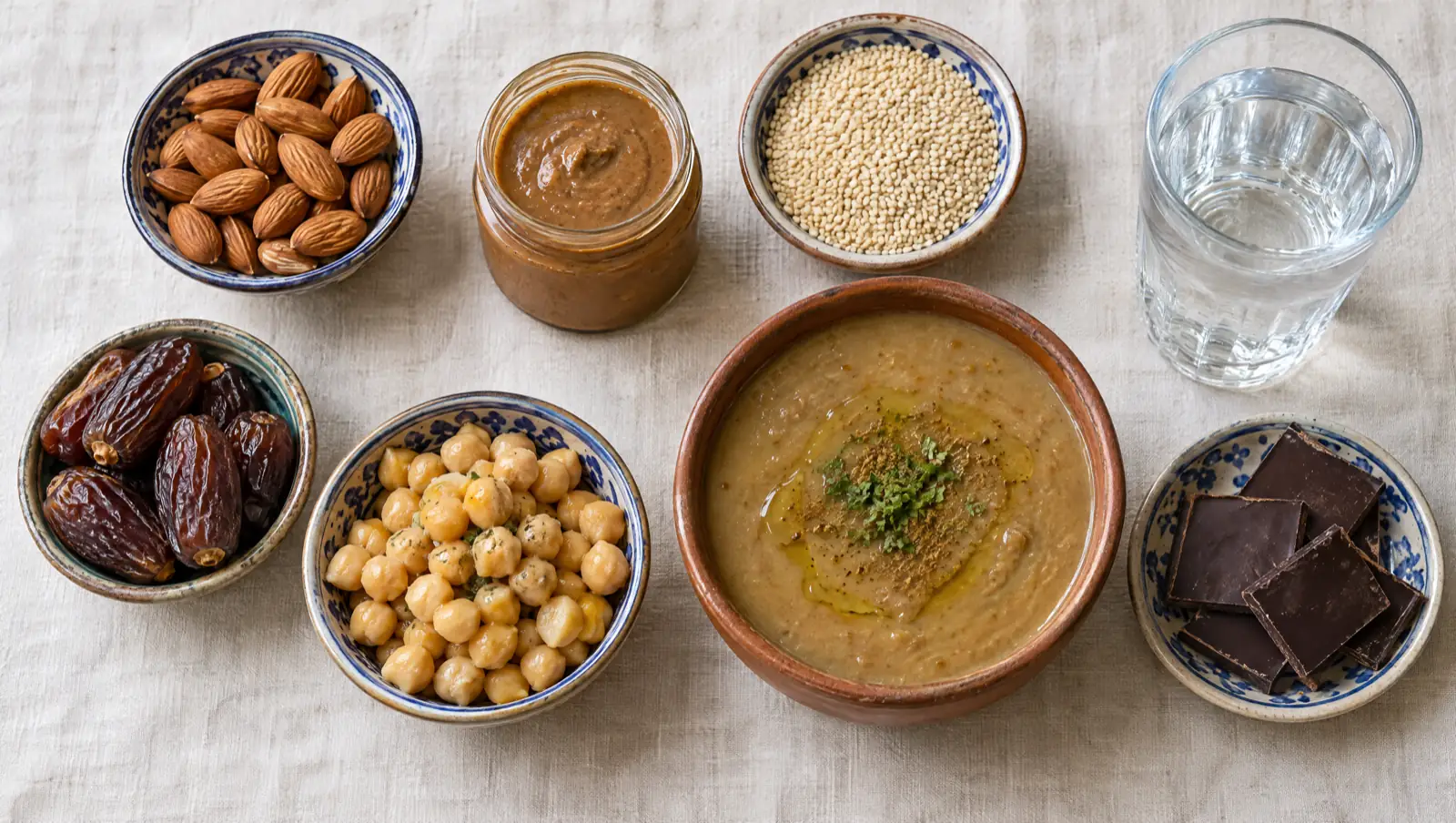 Manque de magnésium : amandes, amlou, sésame, dattes, pois chiches, bissara et chocolat noir, riches en magnésium