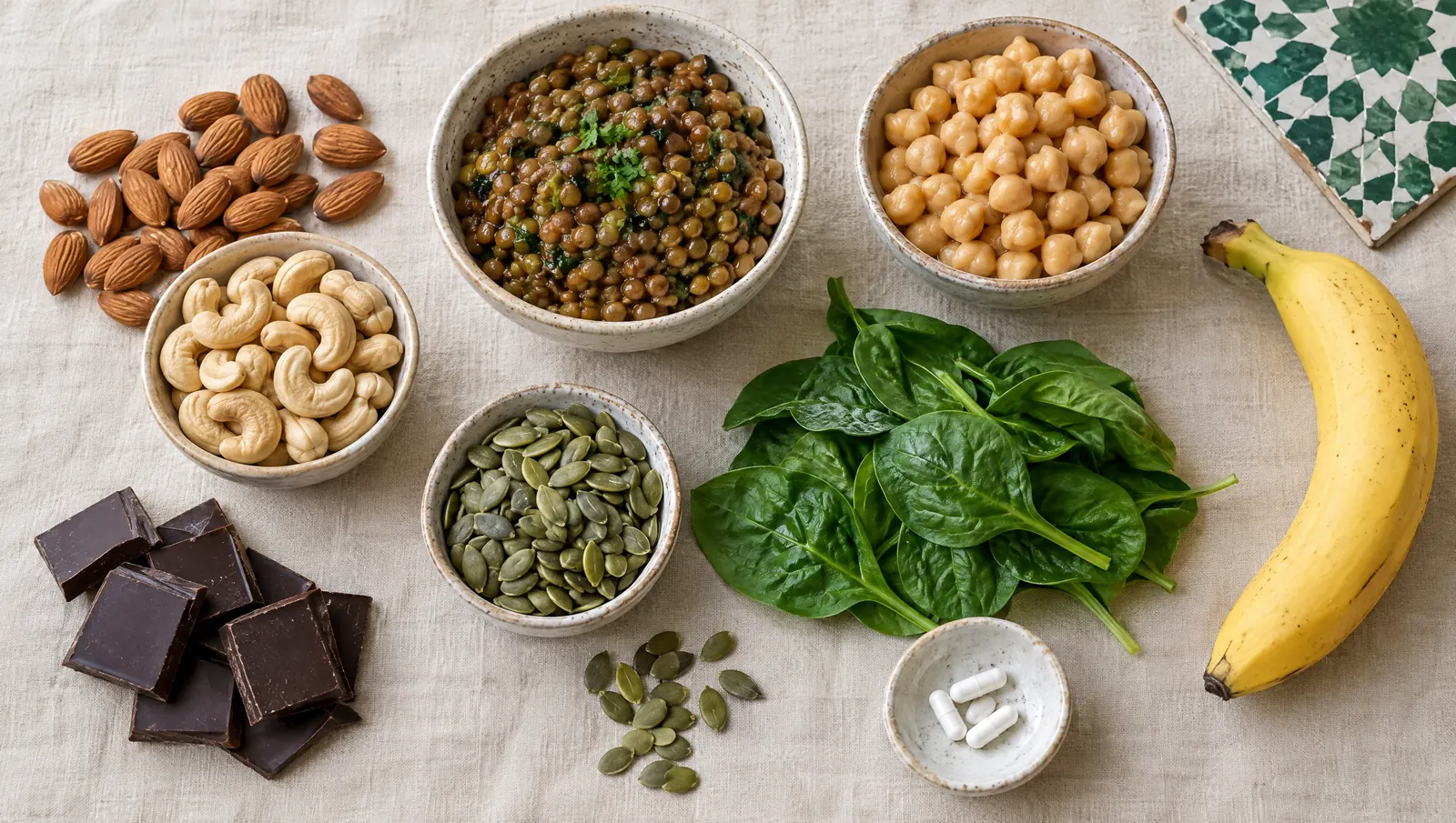Aliments riches en magnésium : amandes, noix de cajou, chocolat noir, lentilles, pois chiches, épinards et gélules