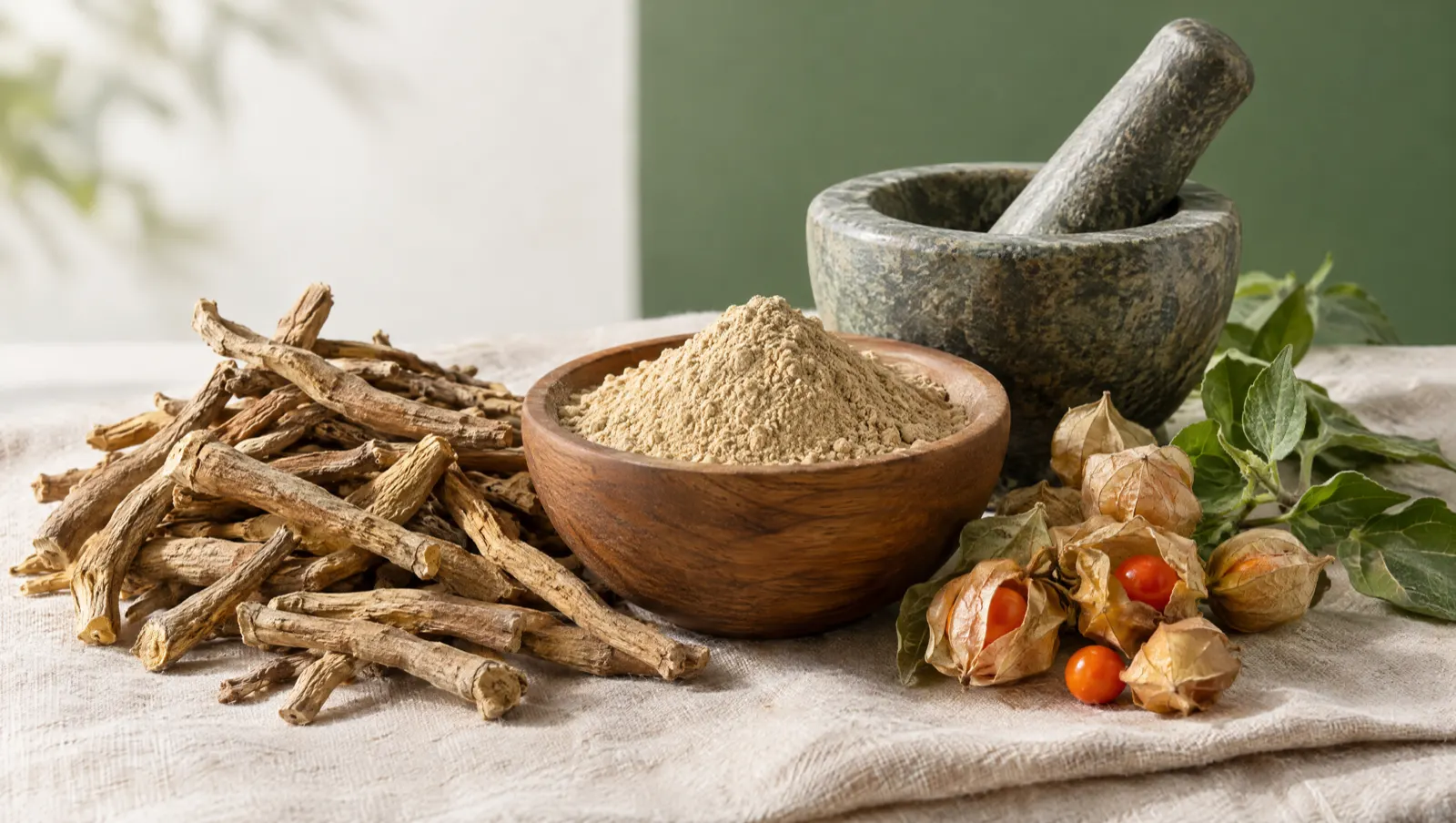 Ashwagandha : racines séchées, poudre de racine et baies de Withania somnifera