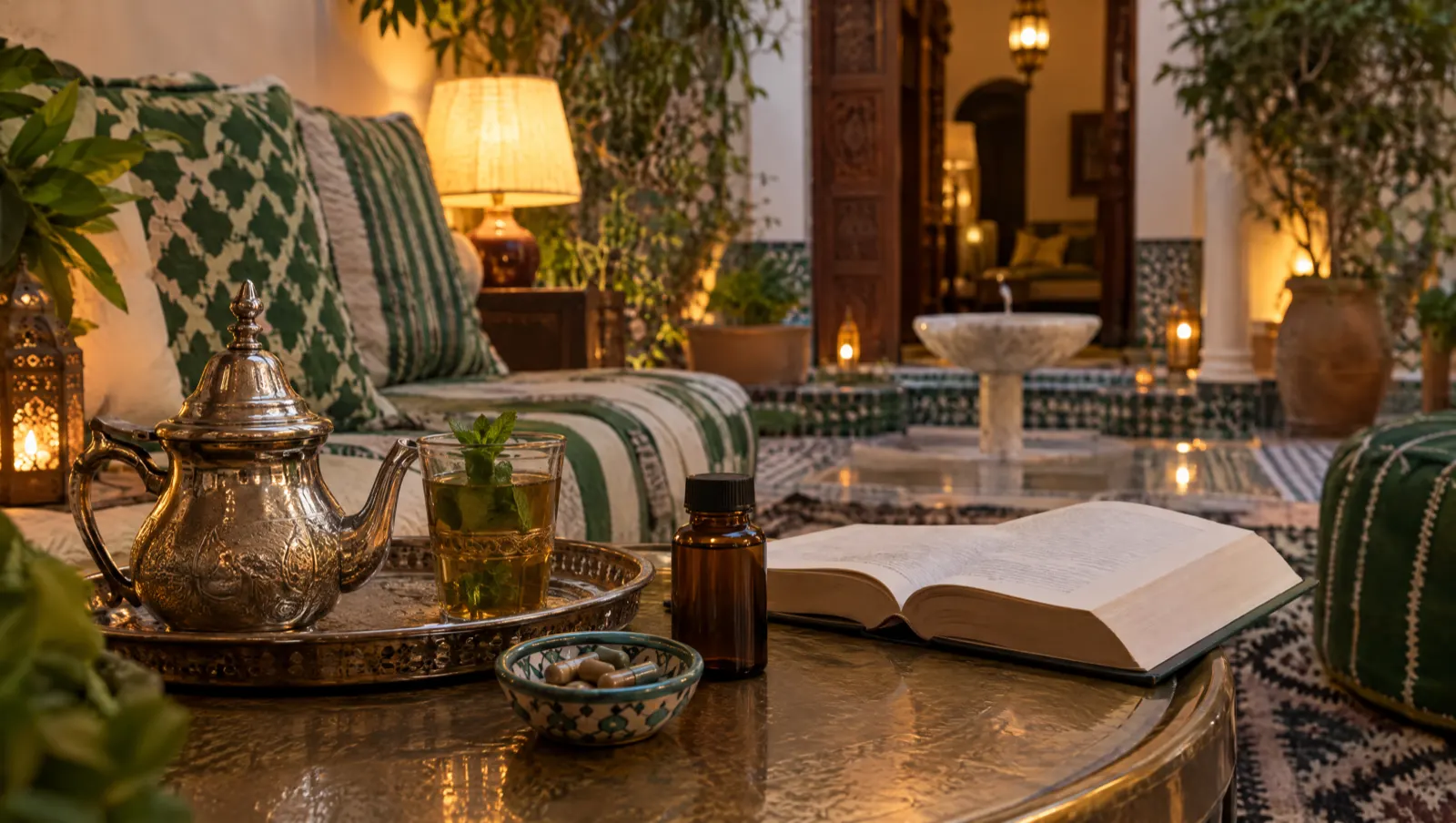 Ashwagandha : gélules, thé à la menthe et livre pour une soirée calme dans un riad