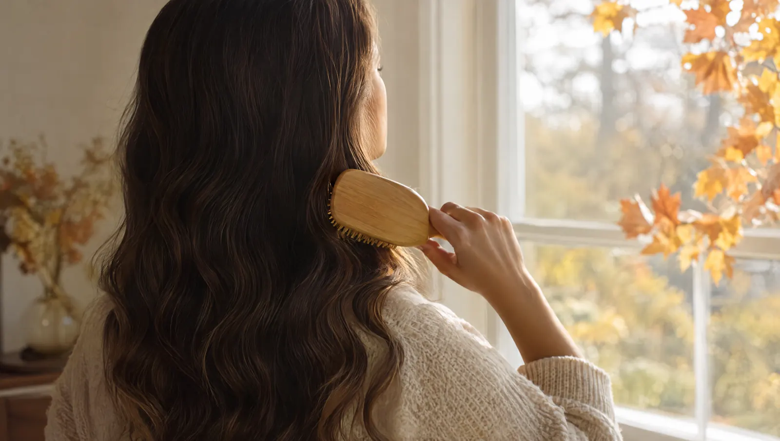 Femme brossant ses longs cheveux bruns près d'une fenêtre en automne
