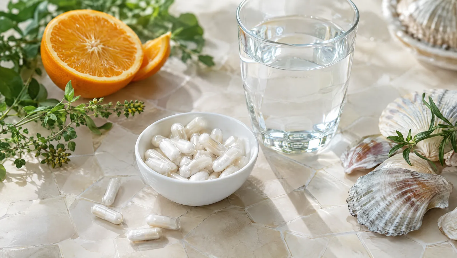 Collagène marin : gélules dans un bol blanc, verre d'eau, orange et coquillages sur une table en zellige