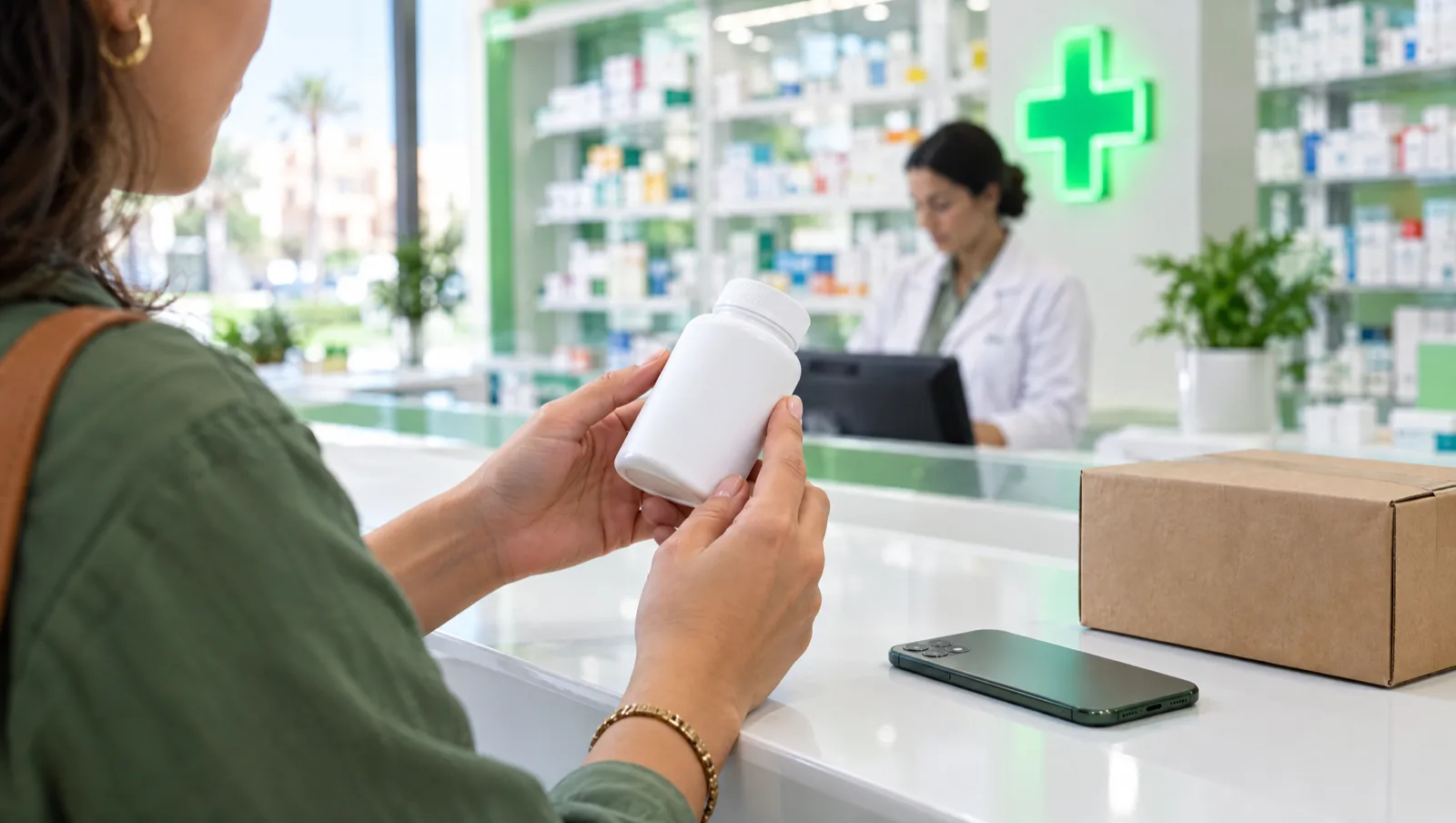 Complément alimentaire en pharmacie ou en ligne : une cliente lit l'étiquette d'un flacon au comptoir d'une pharmacie au Maroc