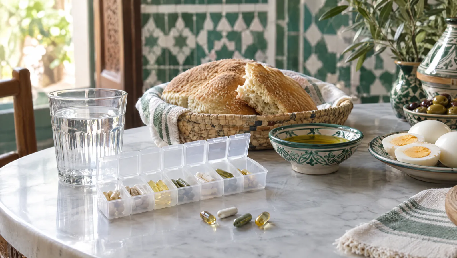 Quels compléments alimentaires prendre ensemble : pilulier sur une table de petit-déjeuner marocain