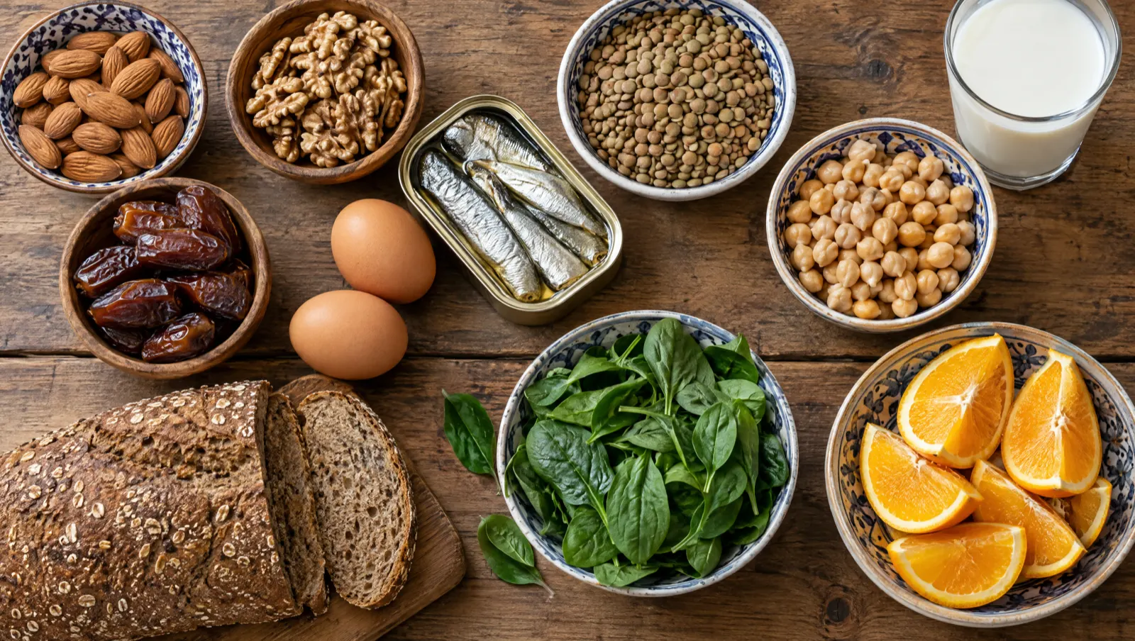 Aliments contre la fatigue riches en magnésium, vitamines B et fer : amandes, noix, dattes, sardines, lentilles, pois chiches, œufs, épinards et oranges