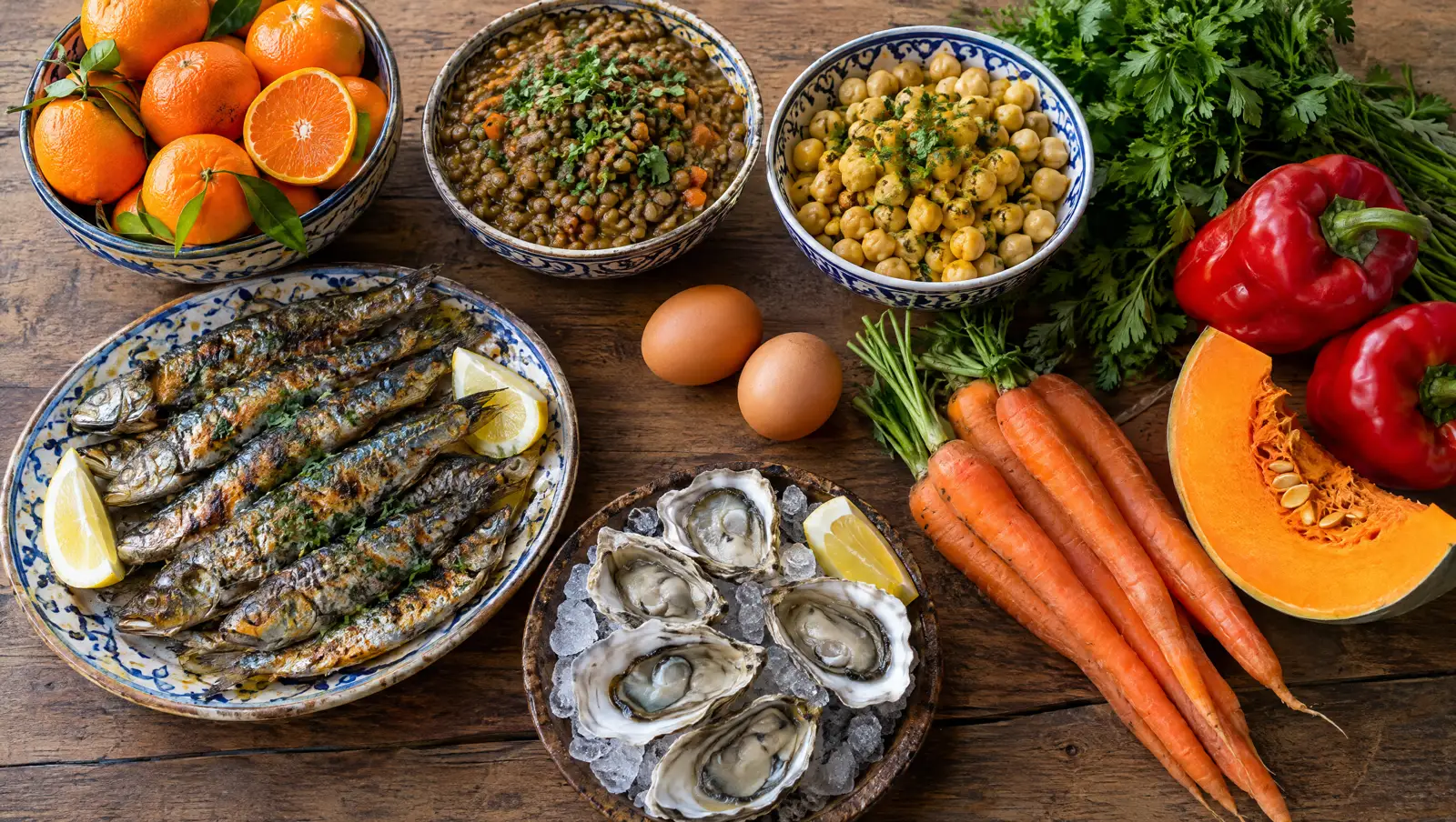 Immunité : aliments marocains riches en vitamines et minéraux (sardines, clémentines, lentilles, pois chiches, œufs, huîtres, poivrons)