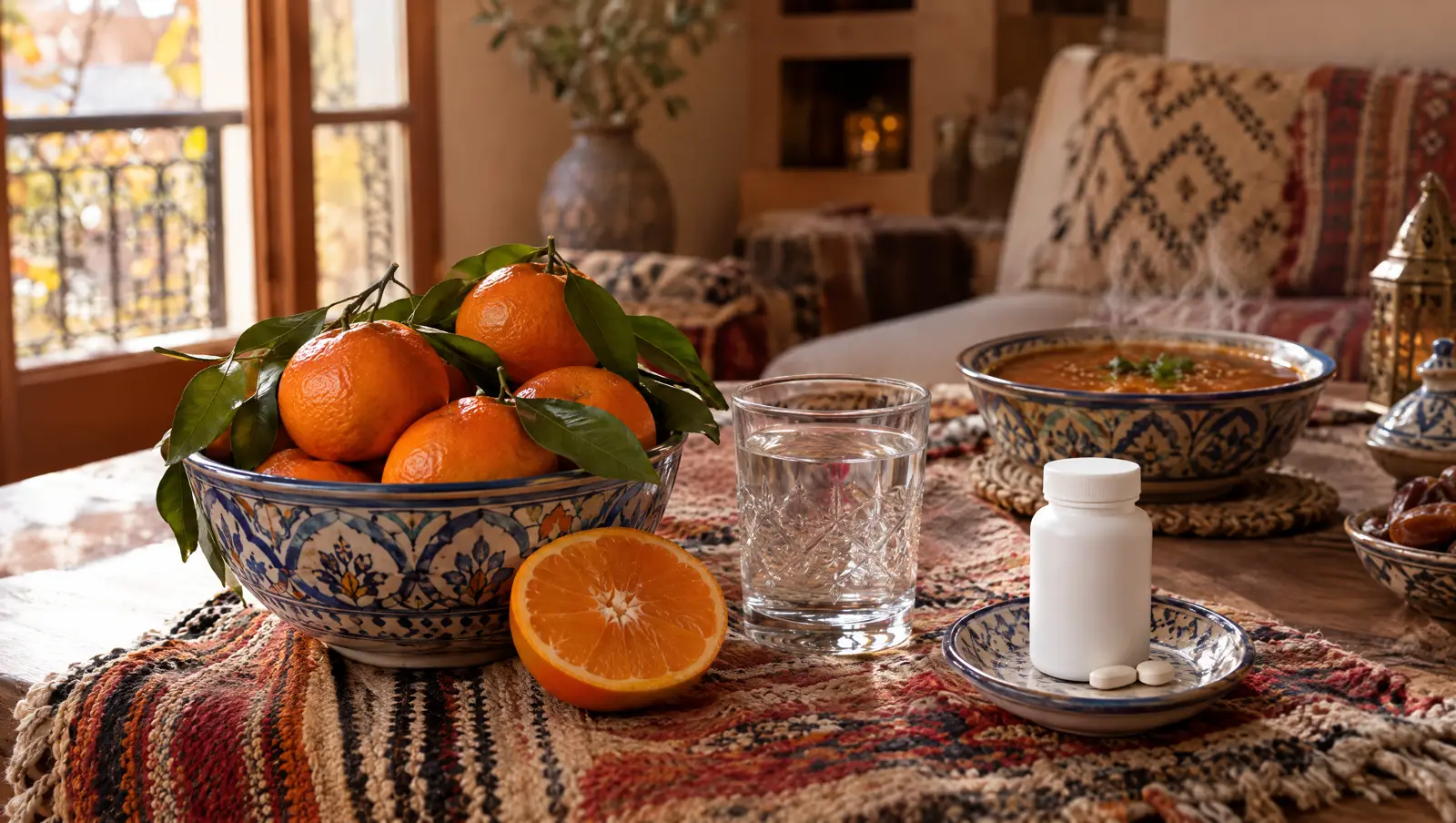 Immunité en hiver : clémentines, verre d'eau, comprimés et bol de harira dans un salon marocain