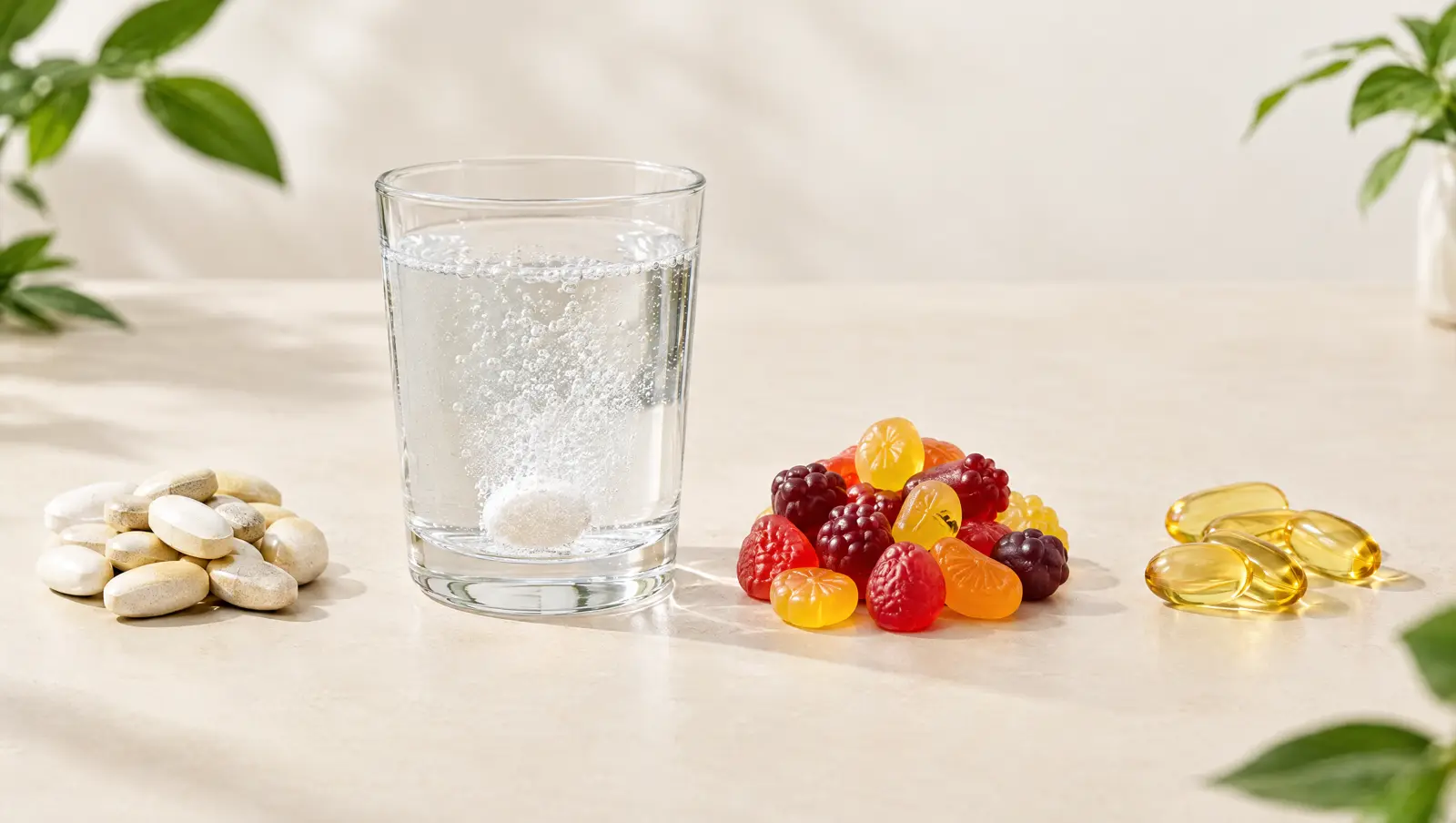 Multivitamines en comprimés, en effervescent, en gummies et en capsules molles