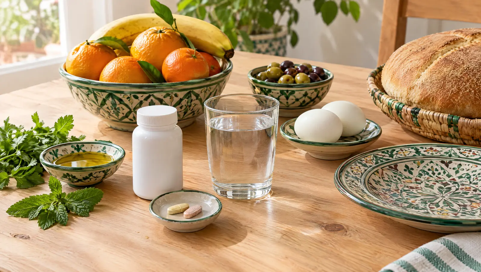 Multivitamines : flacon et comprimés à côté d'un petit-déjeuner marocain (fruits, œufs, olives, pain)