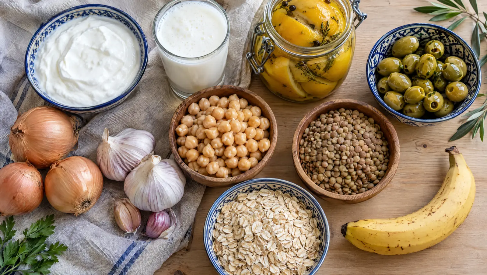 Probiotiques naturels et fibres prébiotiques : yaourt, lben, citrons confits, olives, pois chiches, lentilles, avoine, oignons et ail