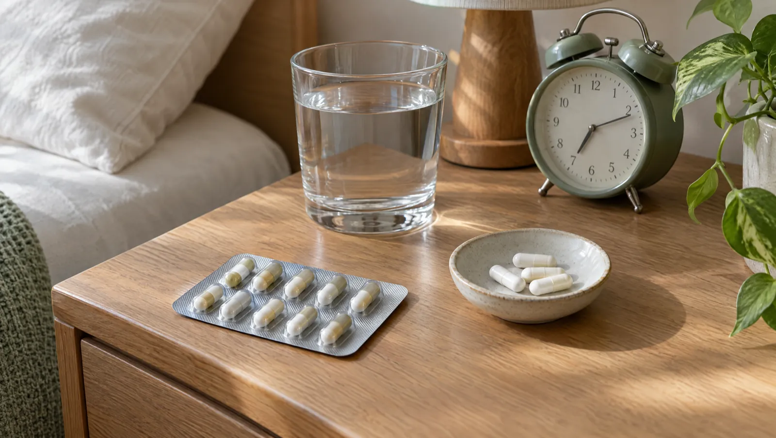 Probiotique et antibiotique : gélules sur une table de chevet avec un verre d'eau et un réveil