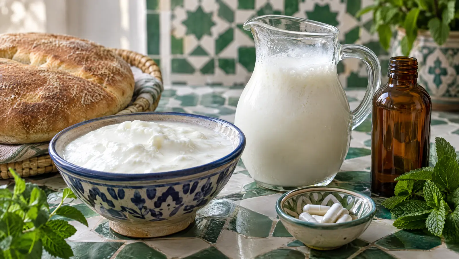 Probiotique au Maroc : petit-déjeuner avec un bol de raïb, une carafe de lben, du khobz et des gélules de probiotiques