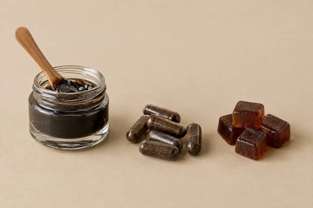 Les trois formes de shilajit : résine, gélules et gummies