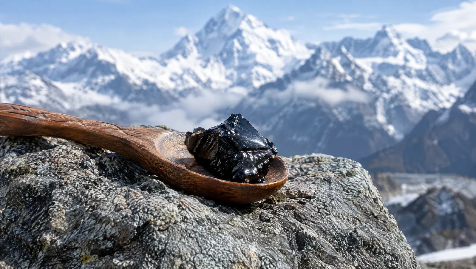 Résine de shilajit sur une cuillère en bois devant les montagnes de l'Himalaya