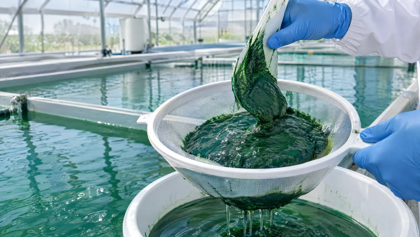 Spiruline : récolte de la pâte de spiruline sur un filtre dans des bassins de culture contrôlés