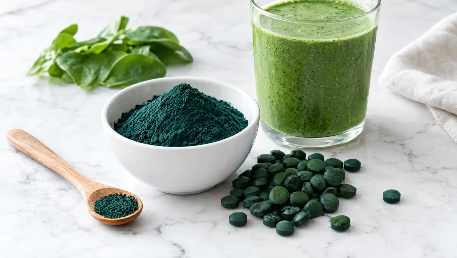 Spiruline en poudre et en comprimés à côté d'un smoothie vert