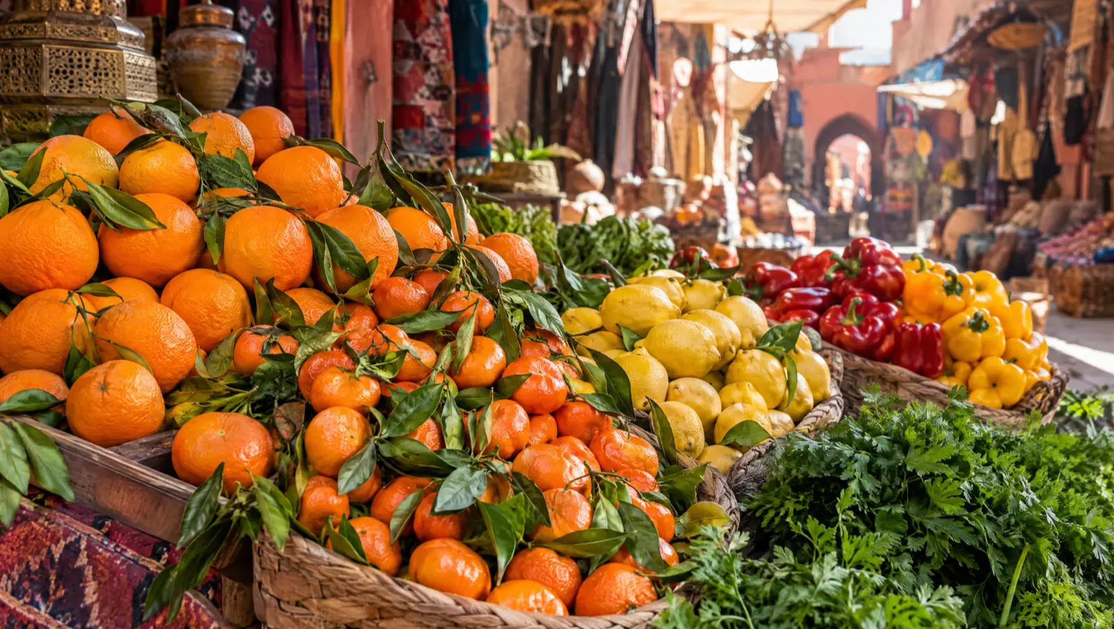 Vitamine C au Maroc : oranges, clémentines, citrons, poivrons et persil sur un étal de marché