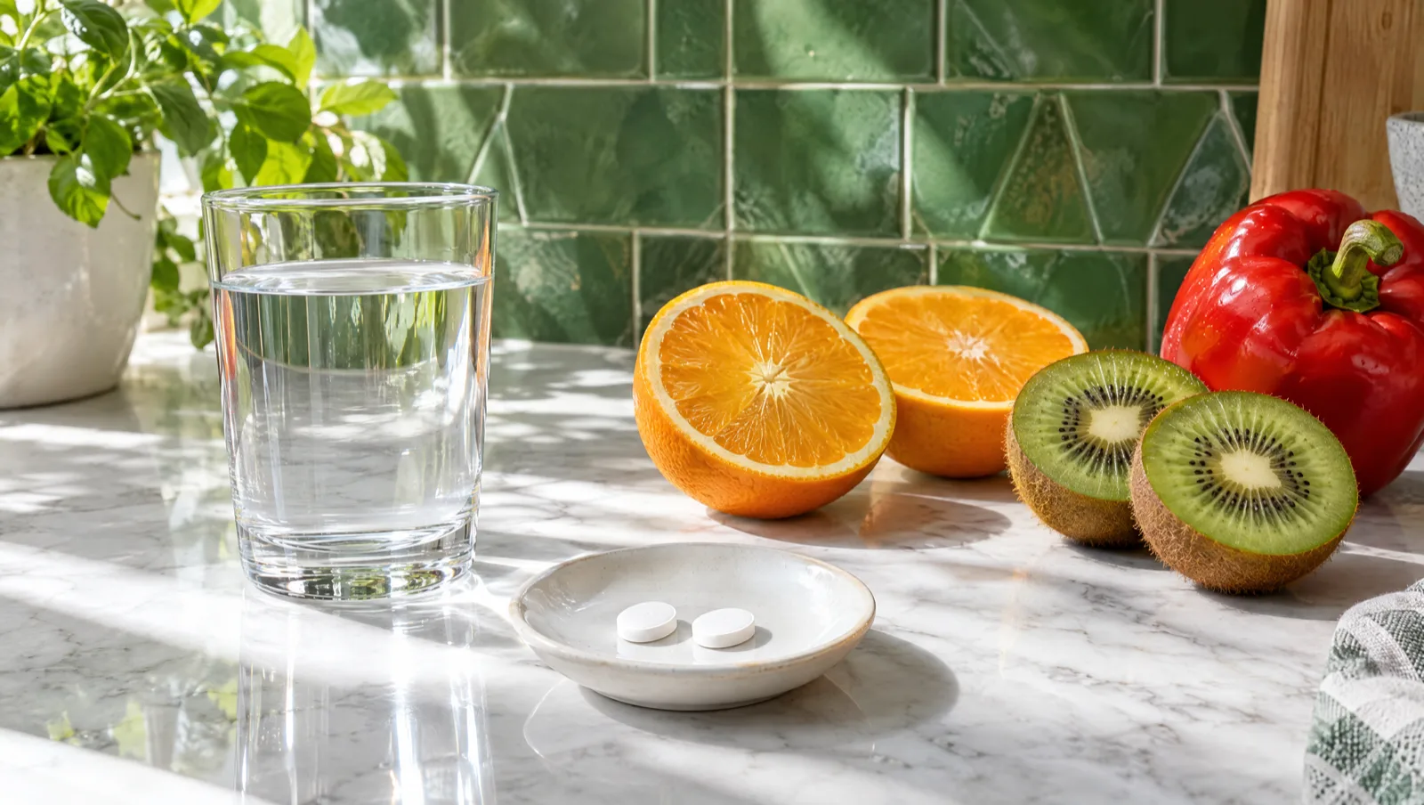 Vitamine C : deux comprimés et un verre d'eau à côté d'oranges, de kiwis et d'un poivron rouge