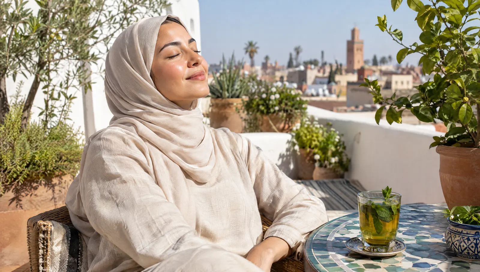 Femme portant un foulard qui profite du soleil sur une terrasse au Maroc, source naturelle de vitamine D