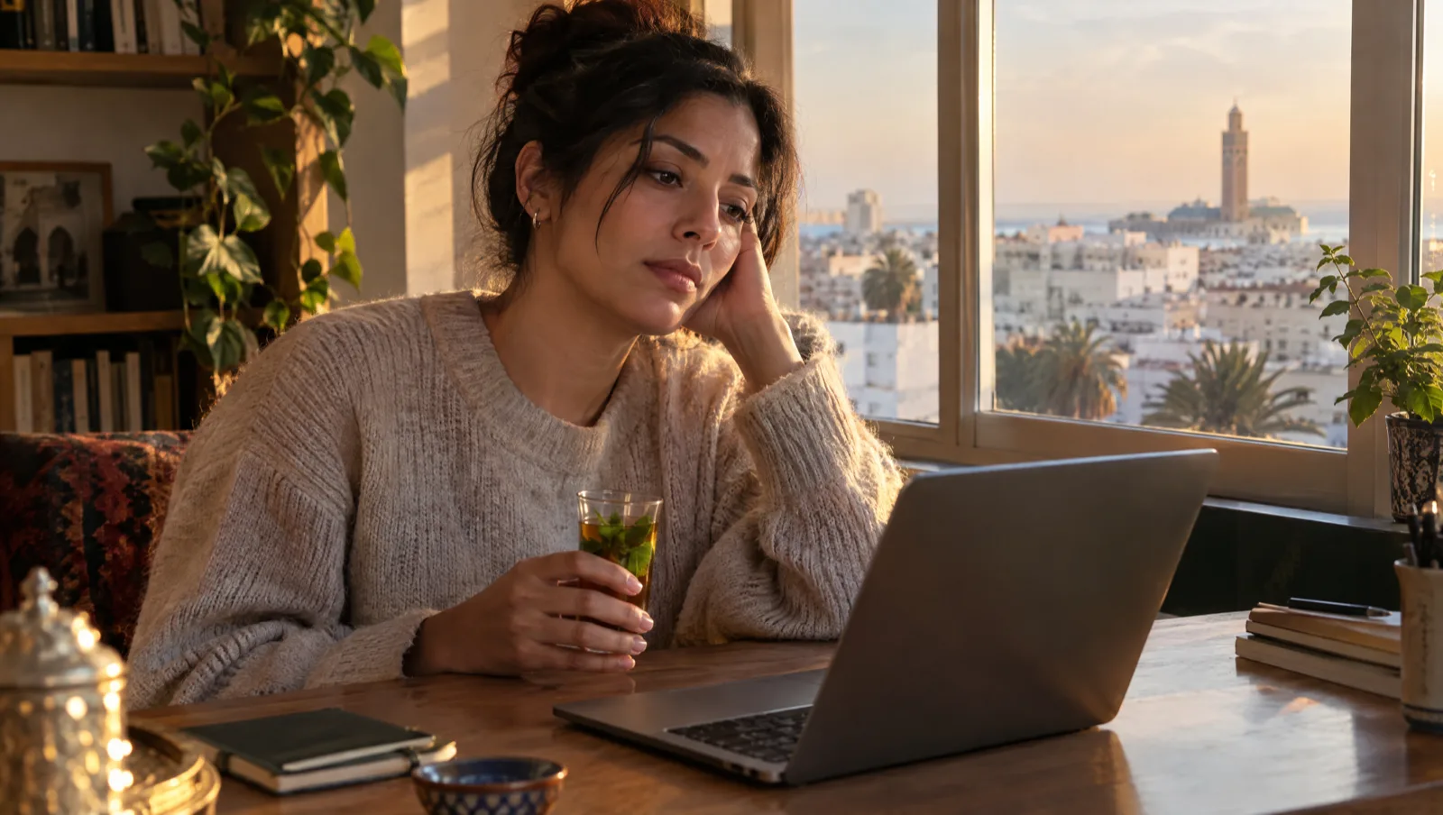 Vitamines contre la fatigue : femme fatiguée avec un thé à la menthe devant sa fenêtre à Casablanca, un après-midi d'automne